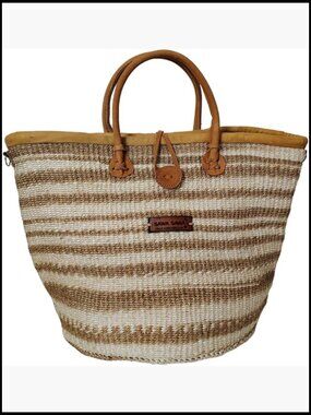 Handwoven Sisal Tote Bag with Leather Trim Button Closure Large Straw Purse
